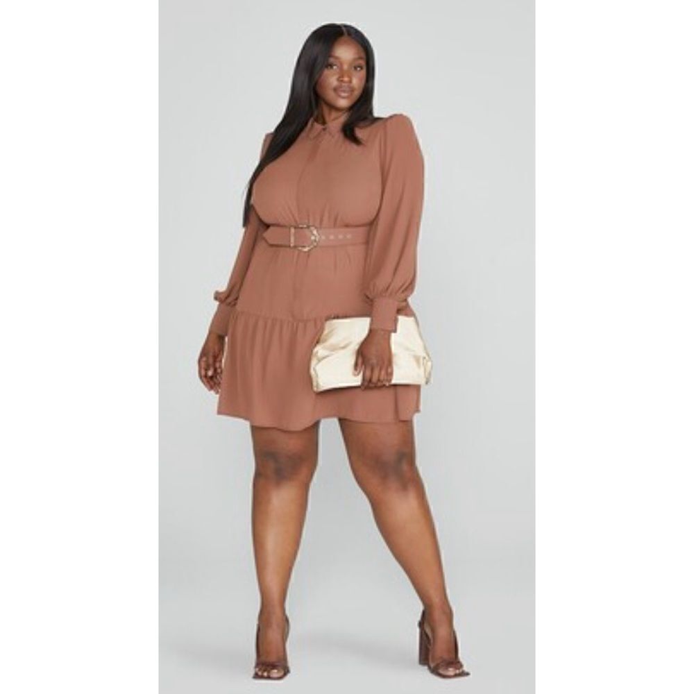 FTF Belted Ruffled Hem Shirt Dress